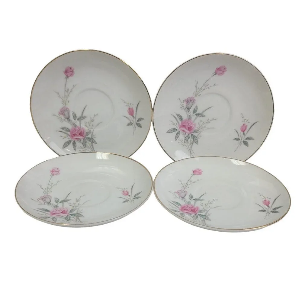 Set of 4 Vintage Golden Rose Flower Gold Rim Fine China Japan Teacups Saucers